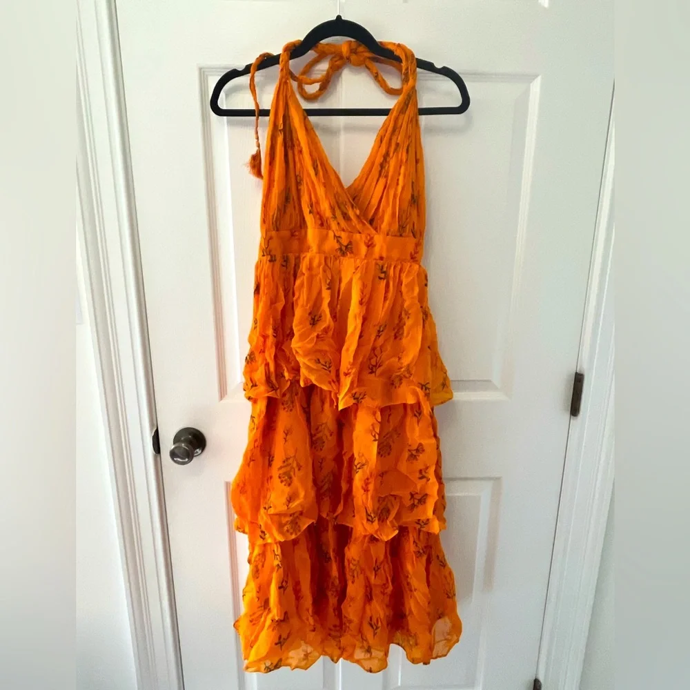 Anthropologie Pamela Halter Midi Dress | Orange Floral Tiered, NWT Size 14 - Picture 1 of 10